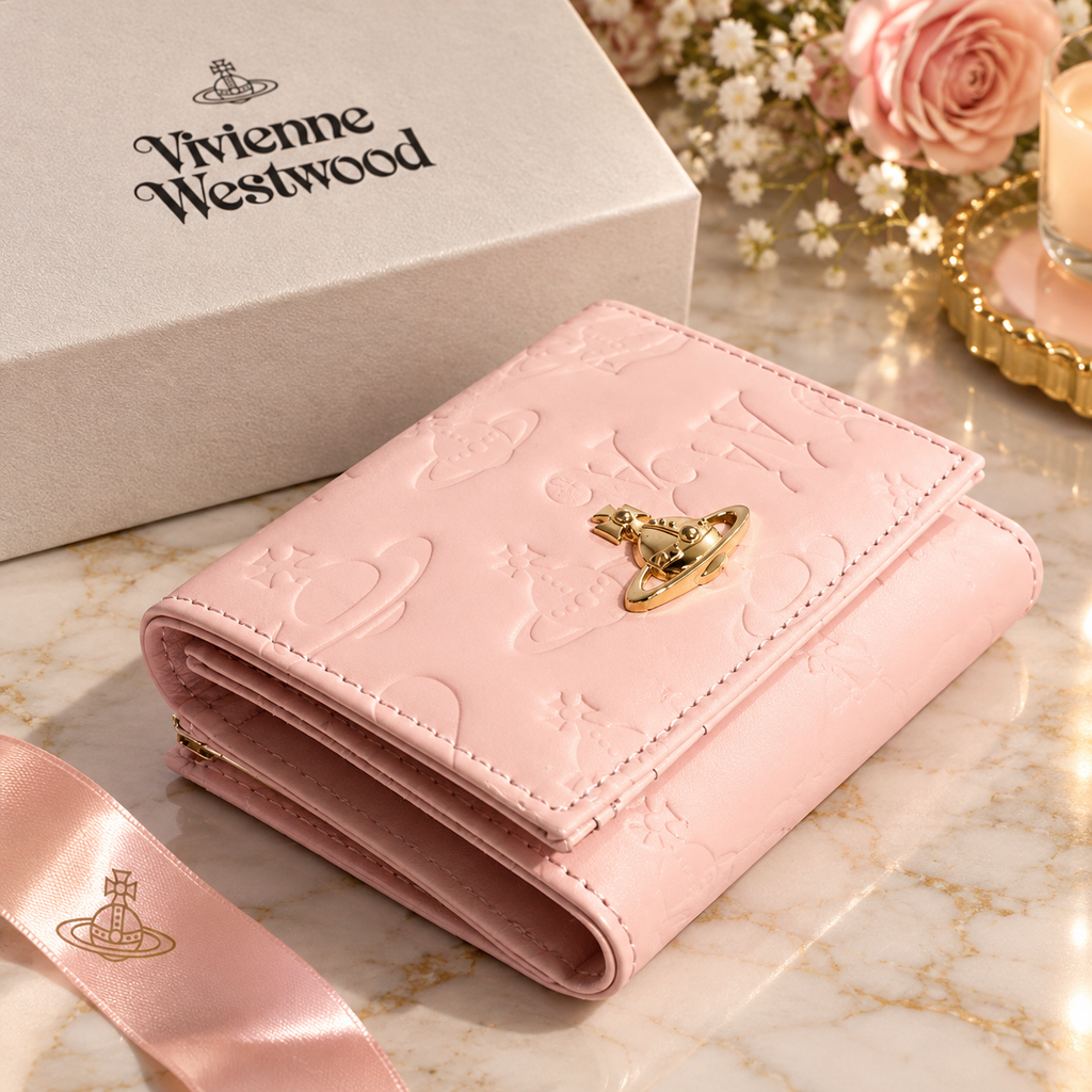 Vivienne Westwood Gamaguchi Trifold Wallet Pink/Gold orb Patent leather