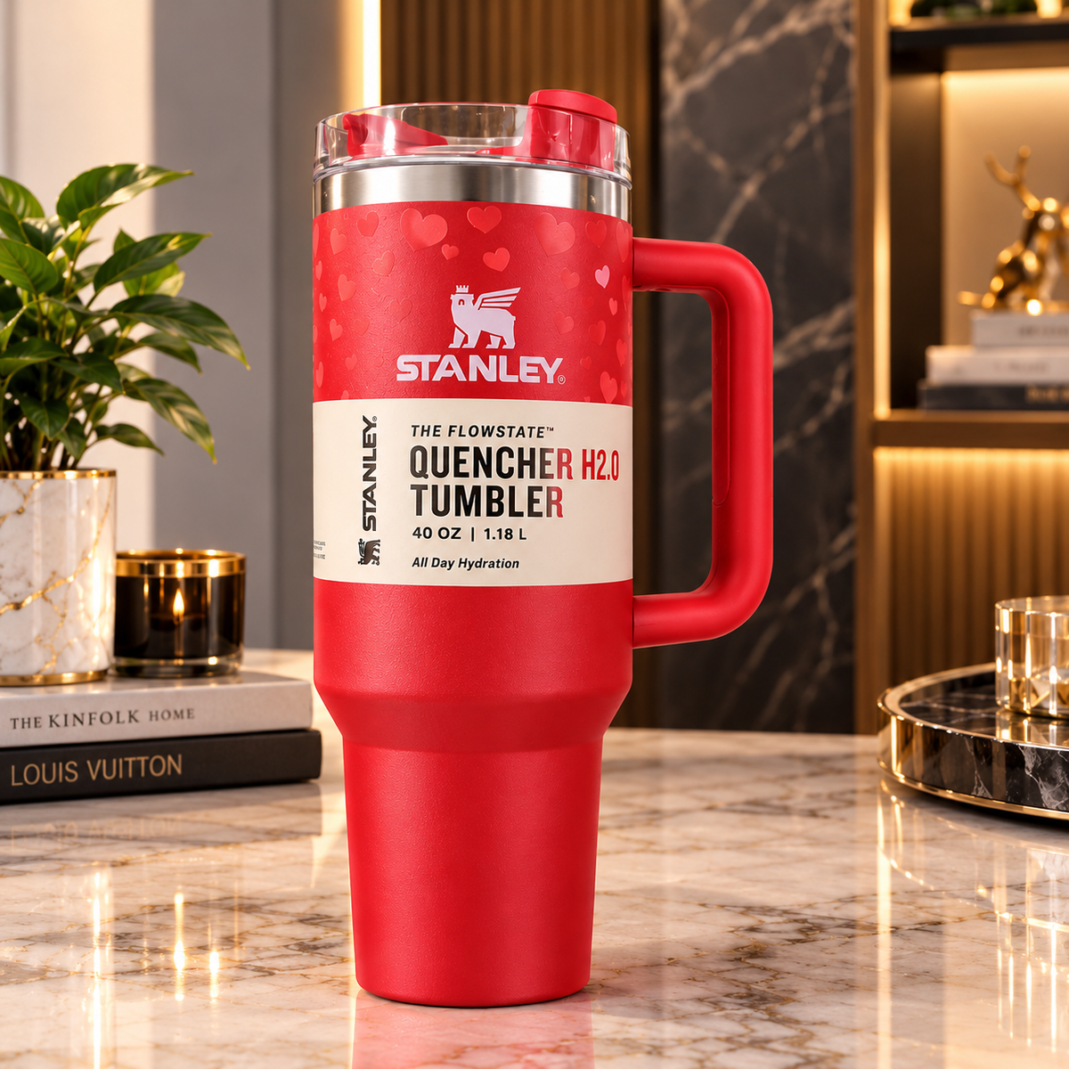 Stanley Quencher H2.0 40oz Red Heart Tumbler with Handle and Straw