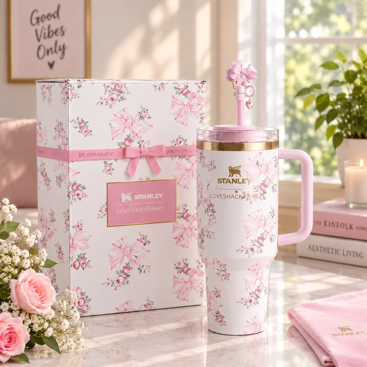 Stanley X Tumbler Love Shack Fancy 40oz Holiday Rosa Beaux Pink Gift Box Cup
