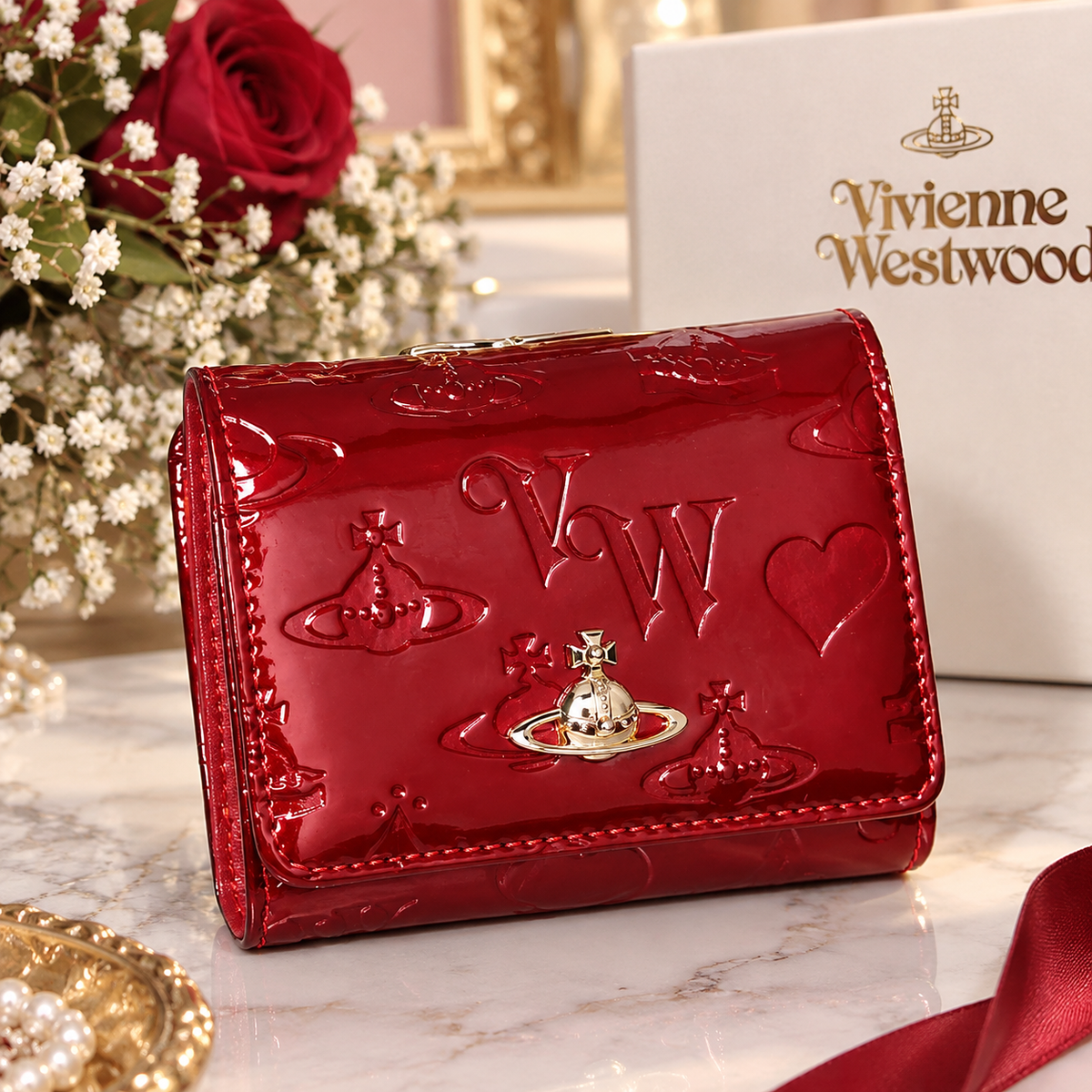 Vivienne Westwood Tri-fold Wallet Red Enamel Orb Outlet MINT With BOX